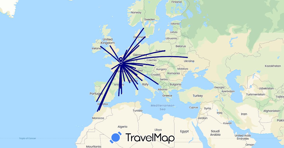 TravelMap itinerary: driving in Austria, Switzerland, Germany, Denmark, Spain, France, United Kingdom, Croatia, Ireland, Italy, Morocco, Netherlands, Poland, Portugal, Sweden, Ukraine (Africa, Europe)